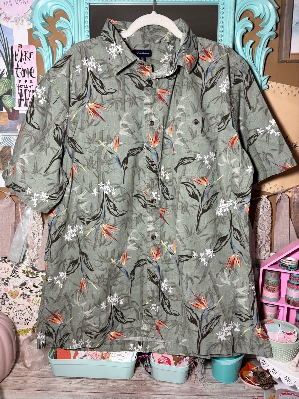 Croft & Barrow Green Short Sleeve Button Down Shirt Bird Of Paradise Men’s Sz XL
